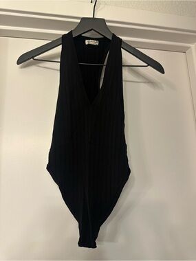 Free People Black Ribbed V-Neck Halter Bodysuit